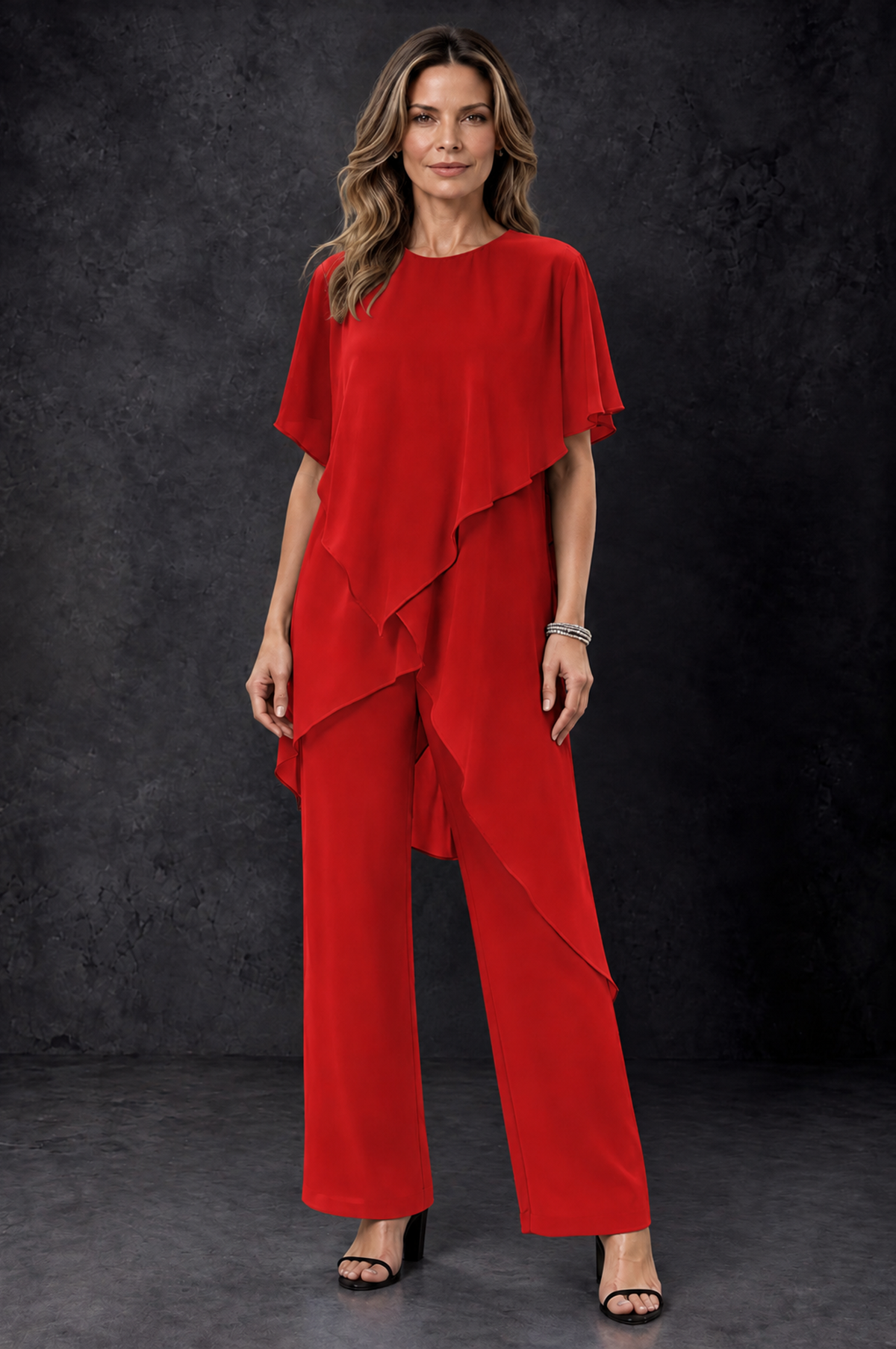 BOLODOO Red Chiffon Two Piece Mother of the Bride Pant Suit - Red - Red_1