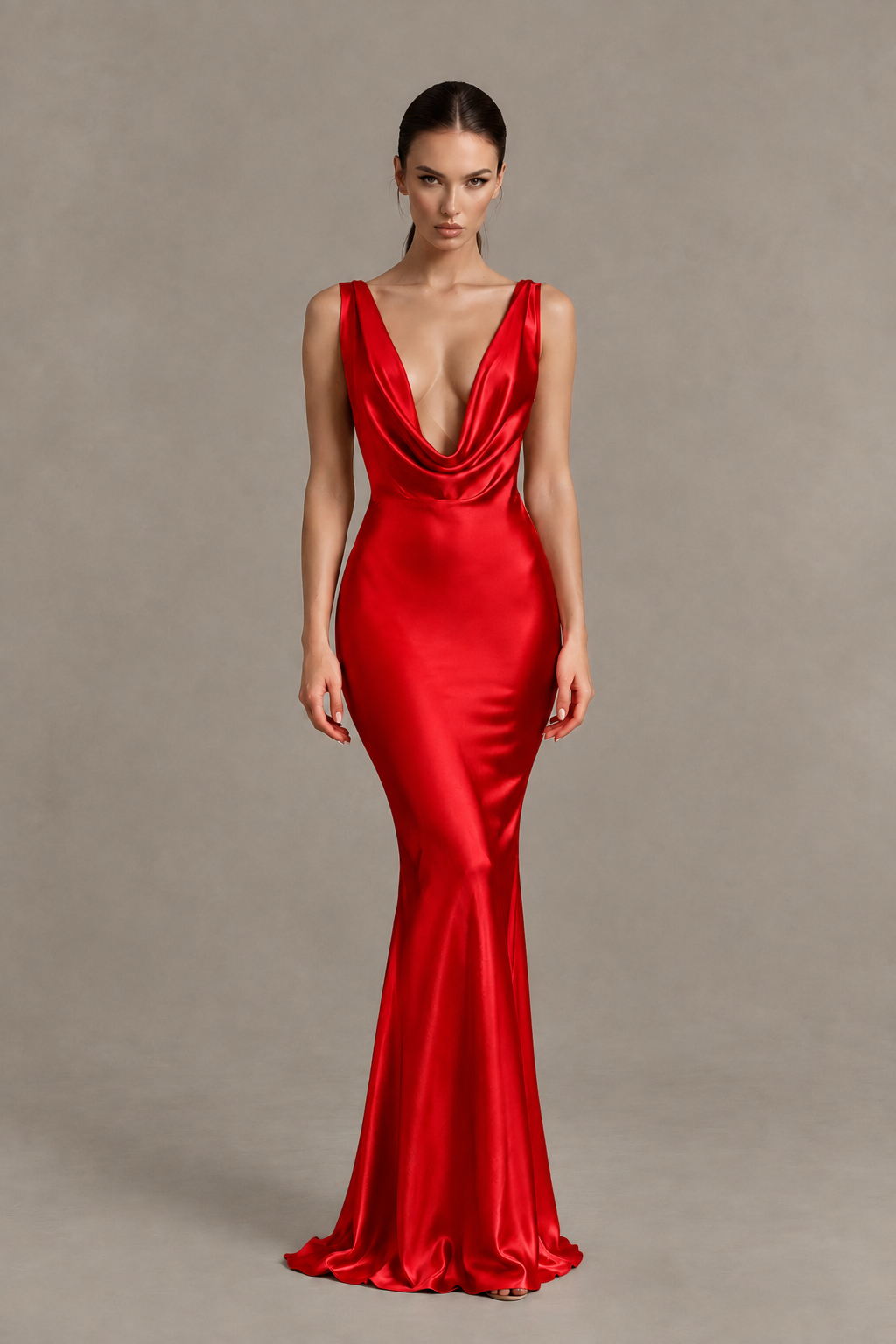 BOLODOO Red Cowl Neck Backless Satin Mermaid Evening Dress - Red - Red_1