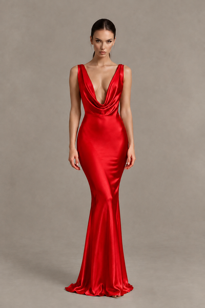 BOLODOO Red Cowl Neck Backless Satin Mermaid Evening Dress - Red - Red_1