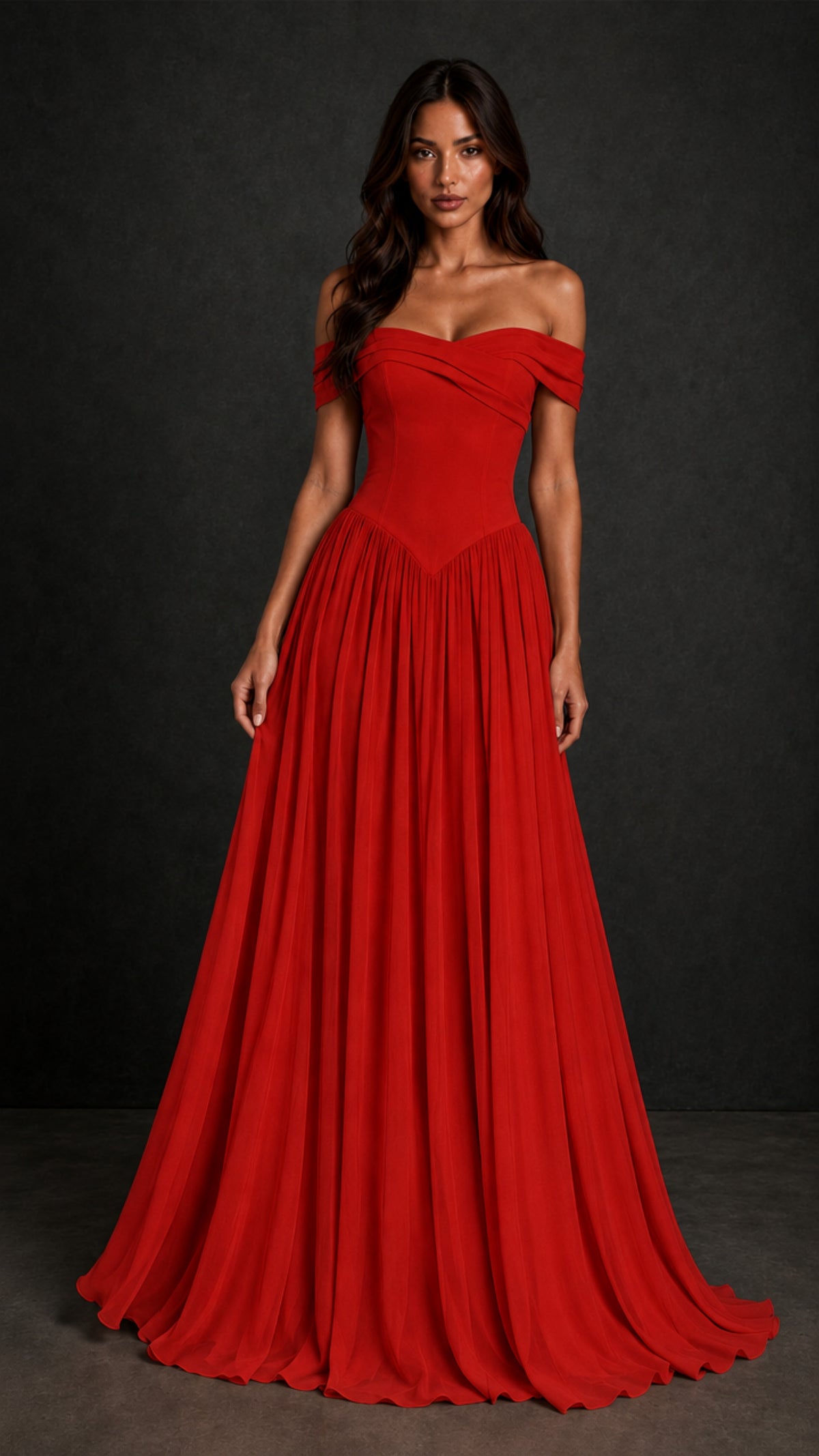 BOLODOO Red Off-Shoulder Sweetheart Corset Pleated Chiffon Maxi Dress - Red