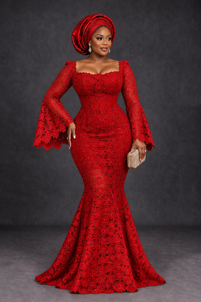 BOLODOO Red African Lace Mermaid Dress, Plus Size Nigerian Wedding Guest Gown with Bell Sleeves - Red - Red_1