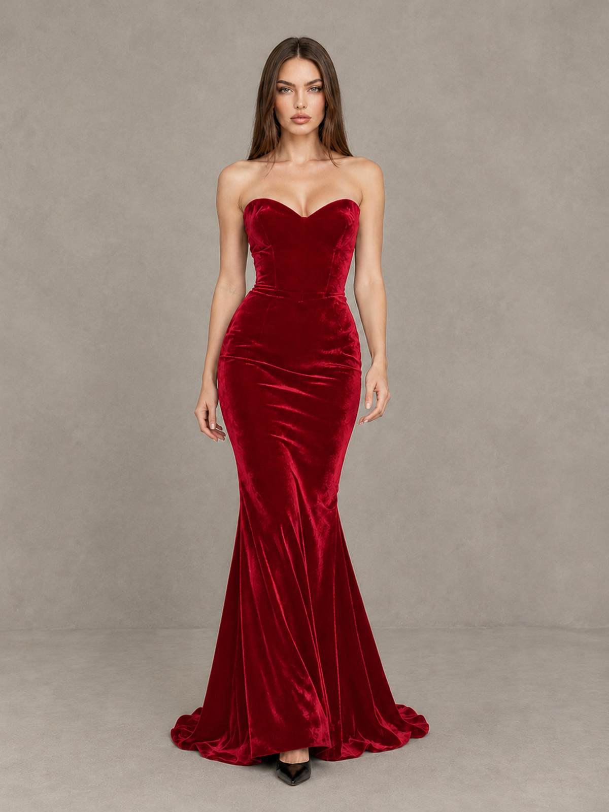 BOLODOO Red Strapless Sweetheart Velvet-Look Mermaid Evening Dress - Red - Red_1