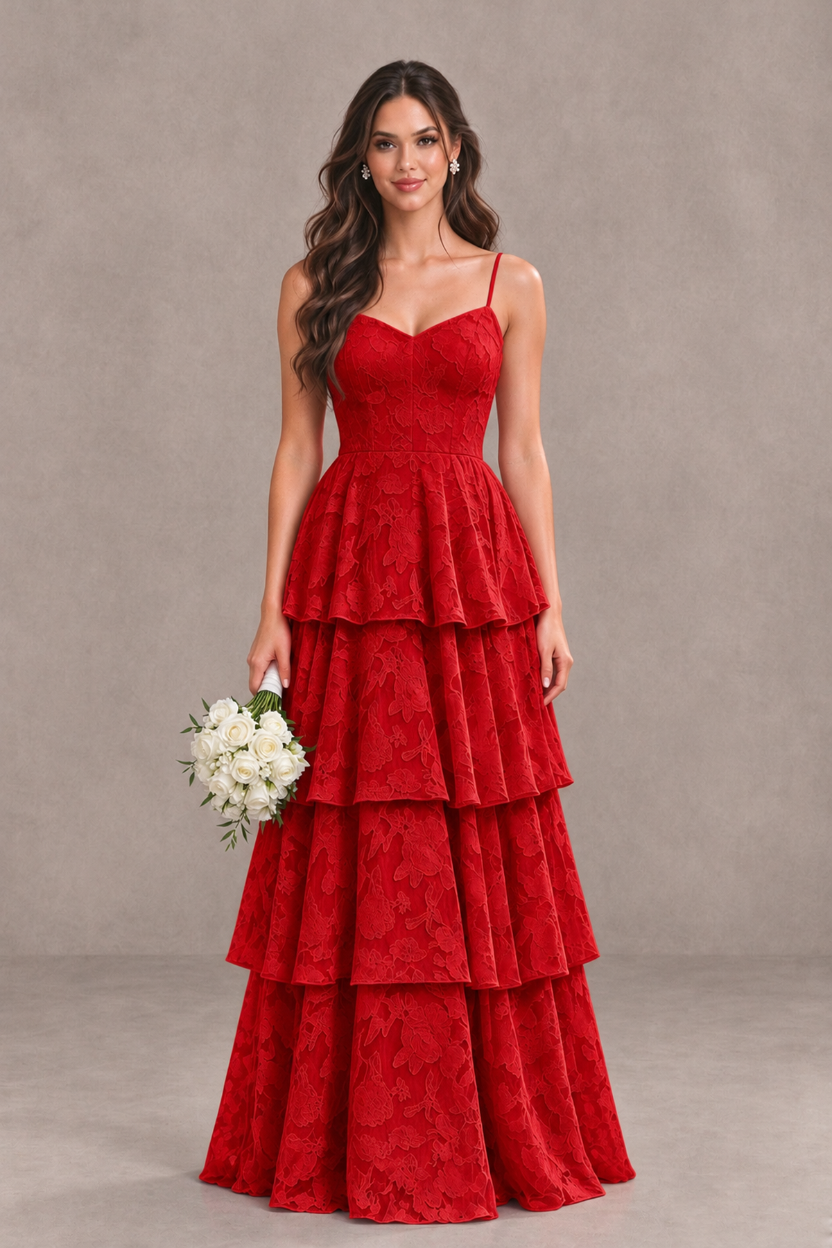 BOLODOO Red Tiered Floral-Textured Spaghetti Strap Maxi Dress - Red - Red_1