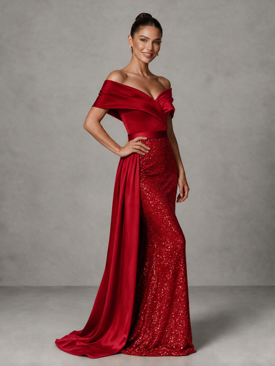 BOLODOO Red Sequin Mermaid Evening Dress with Off-Shoulder Satin Drape and Sweep Train - Red - Red_1