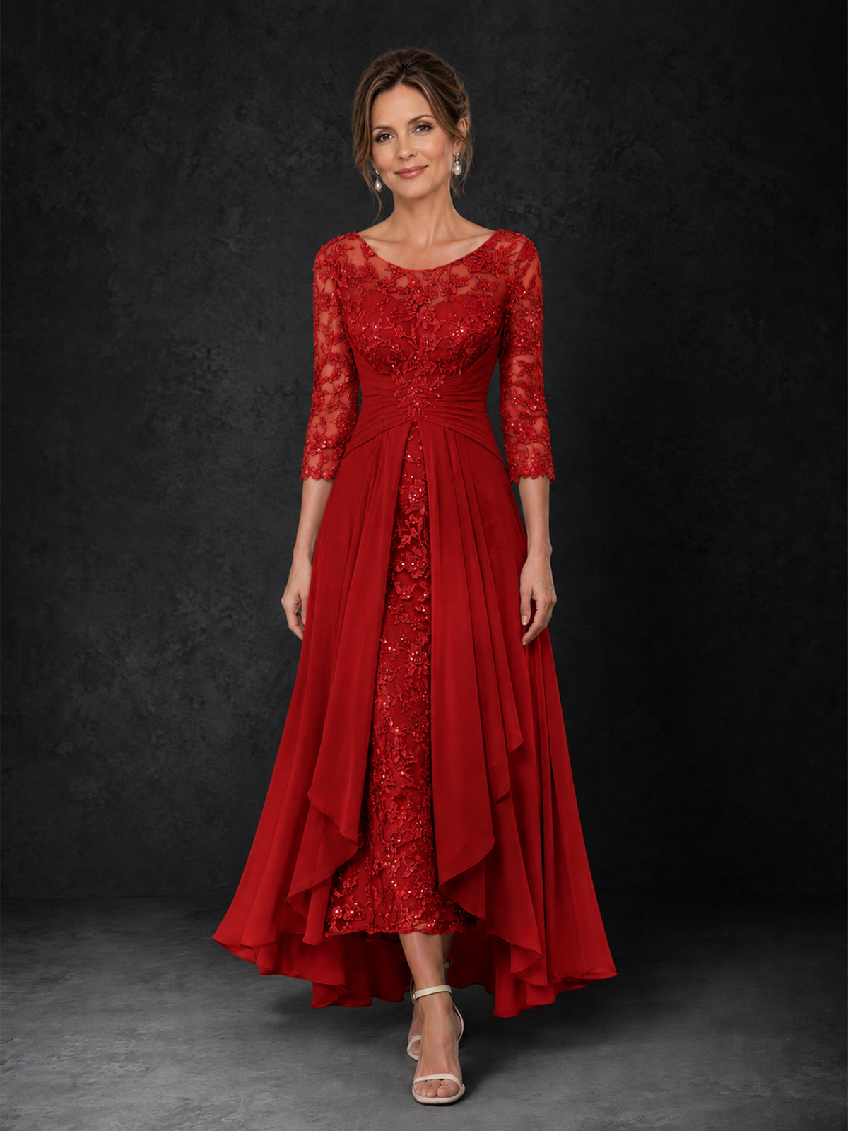BOLODOO Red Sequin Lace & Chiffon Tea-Length Mother of the Bride Dress with 3/4 Sleeves - Red
