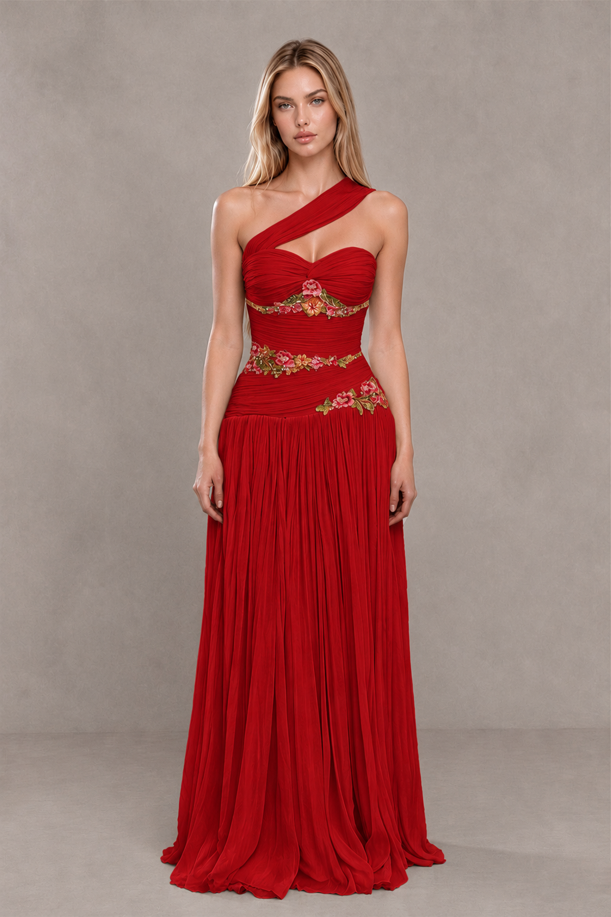 BOLODOO Red One-Shoulder Floral Applique A-Line Evening Dress - Red - Red_1