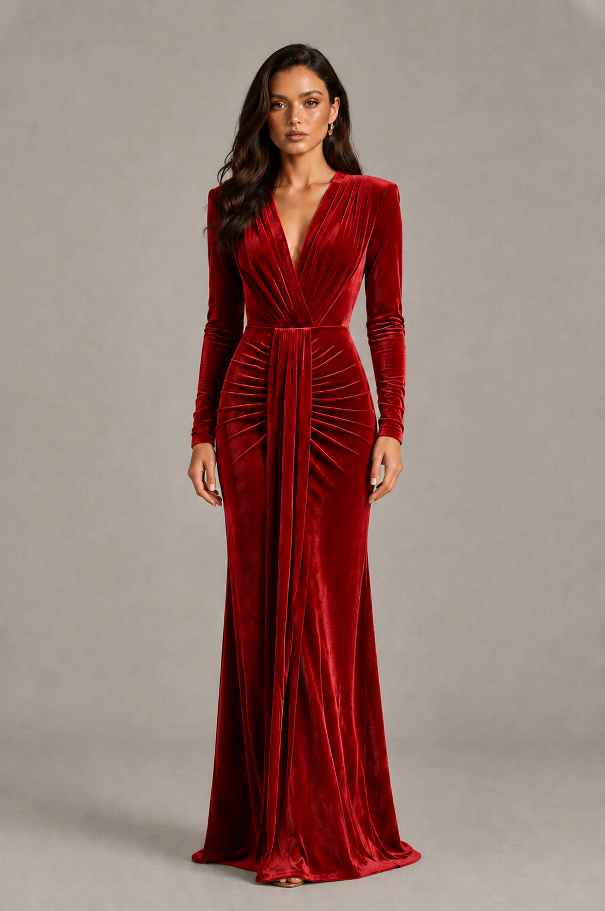 BOLODOO Red Velvet Long Sleeve V-Neck Ruched Evening Gown - Red