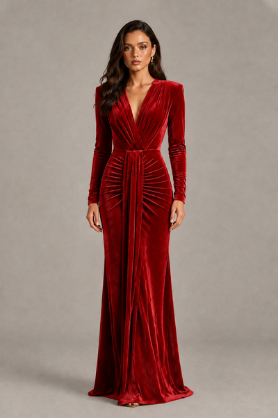 BOLODOO Red Velvet Long Sleeve V-Neck Ruched Evening Gown - Red