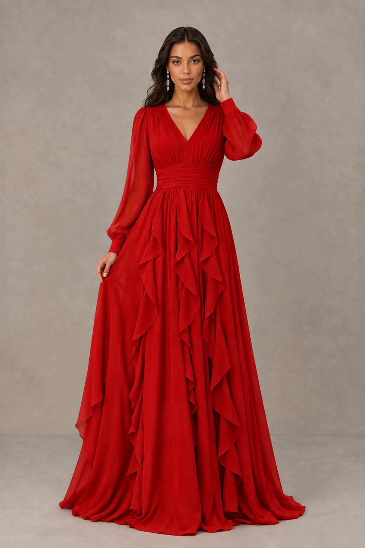 BOLODOO Red Long Sleeve V-Neck Ruffle Maxi Dress - Red