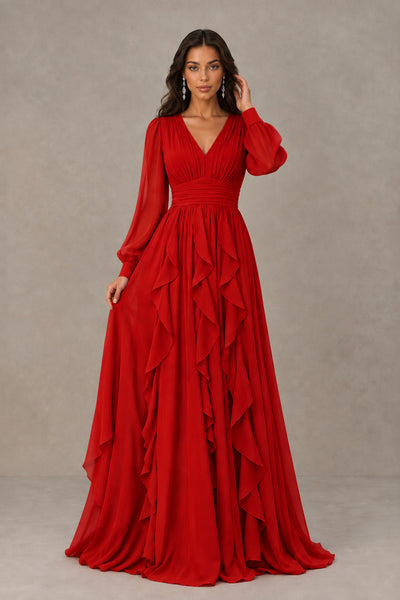 BOLODOO Red Long Sleeve V-Neck Ruffle Maxi Dress - Red