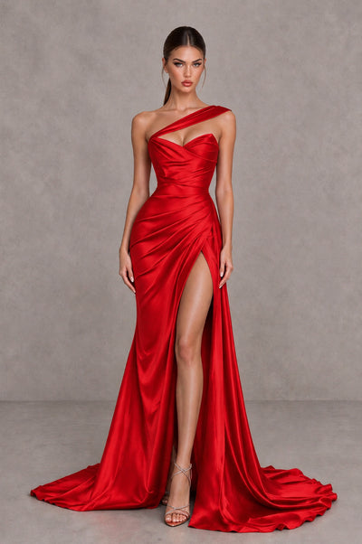 BOLODOO Red One Shoulder Satin Mermaid Evening Dress with Ruched Slit Skirt - Red - Red_1
