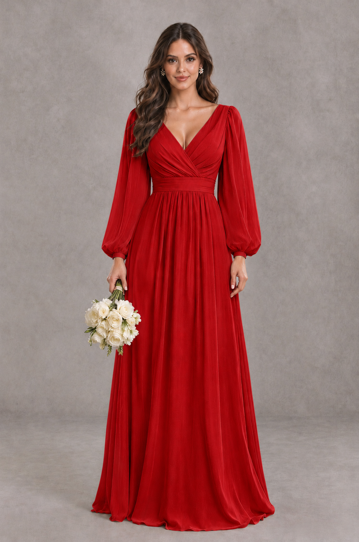 BOLODOO Red Long Sleeve V-Neck A-Line Bridesmaid Dress - Red - Red_1