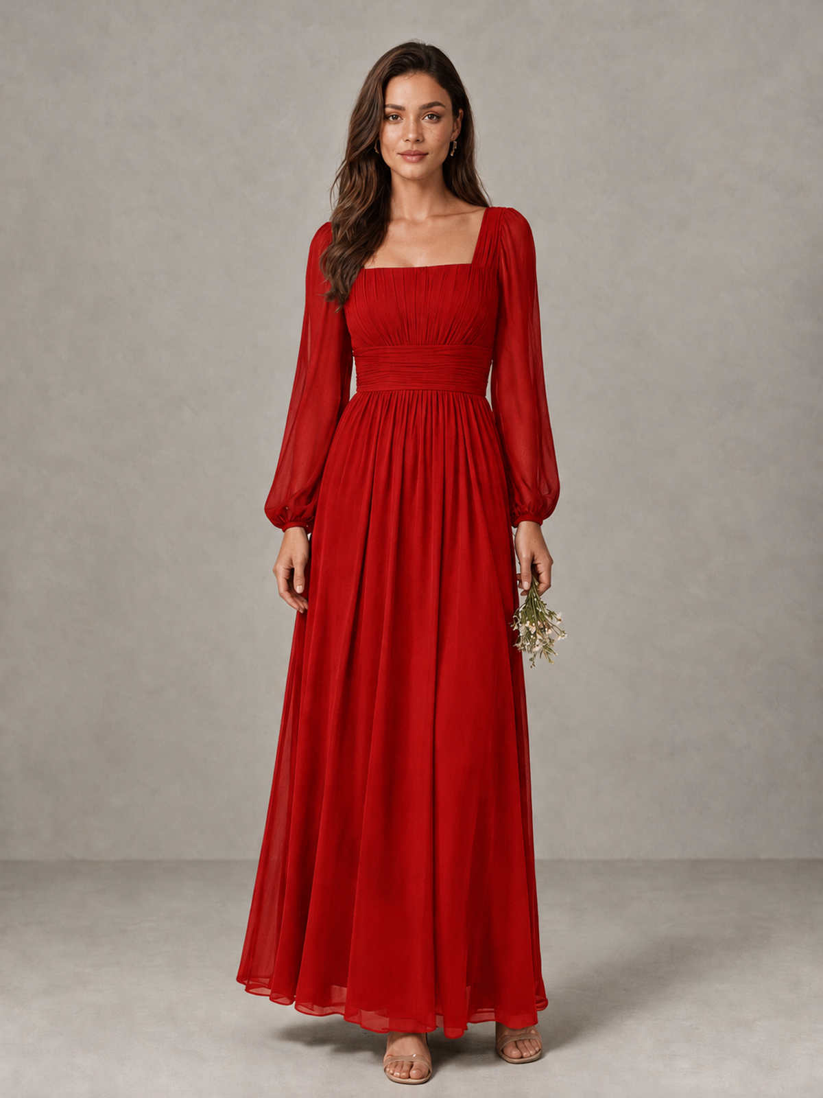 BOLODOO Red Square Neck Long Sleeve Chiffon Bridesmaid Dress - Red - Red_1