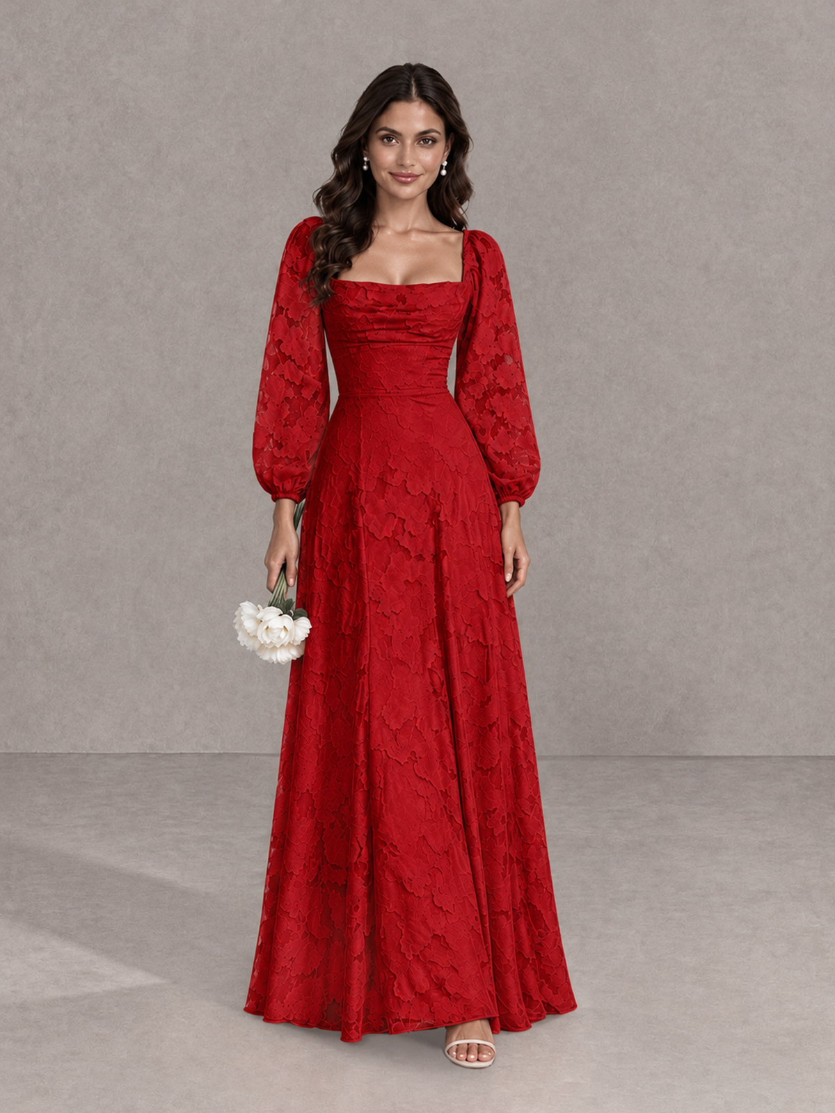 BOLODOO Red Floral Long Sleeve A-Line Bridesmaid Dress - Red - Red_1