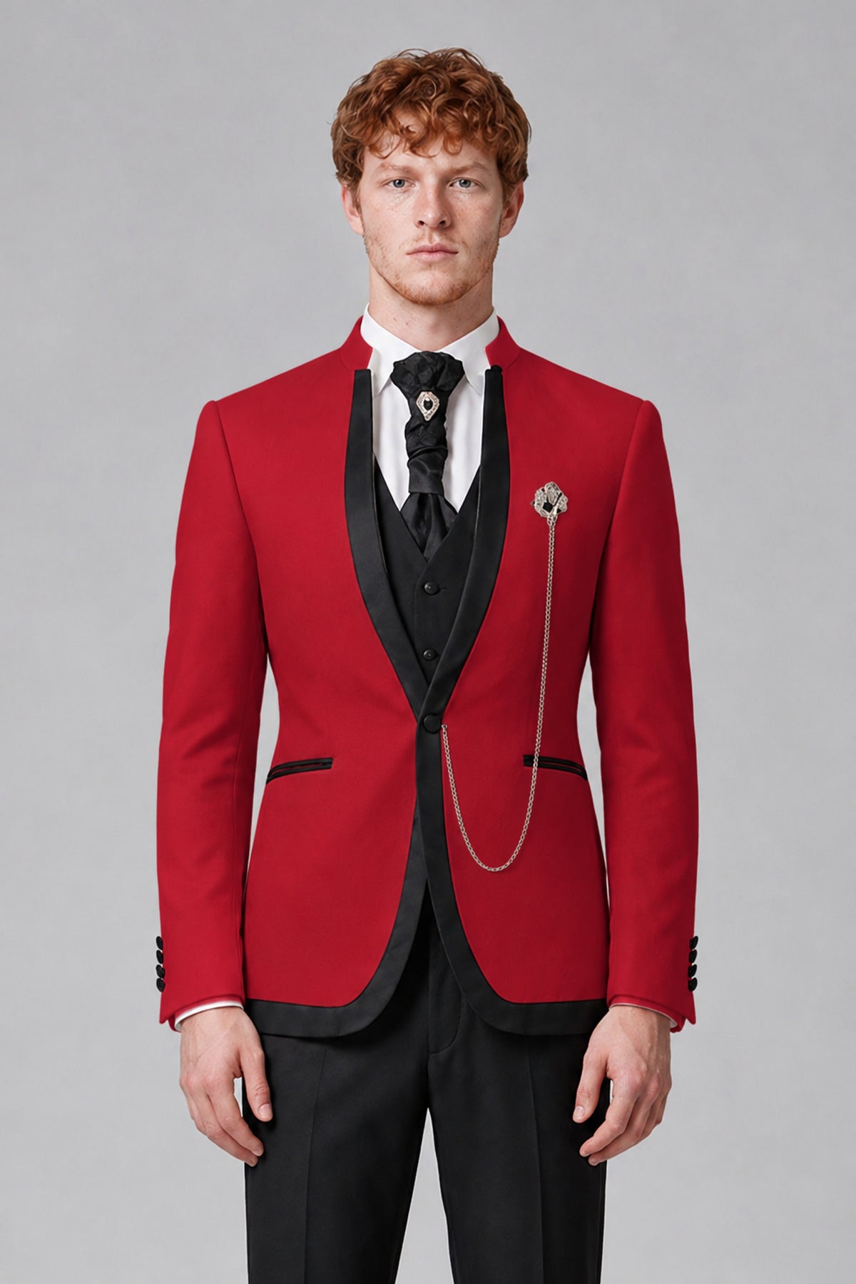 Bolodoo Men's Red 3-Piece Shawl Lapel Tuxedo Suit with Vest - Red - Red_1