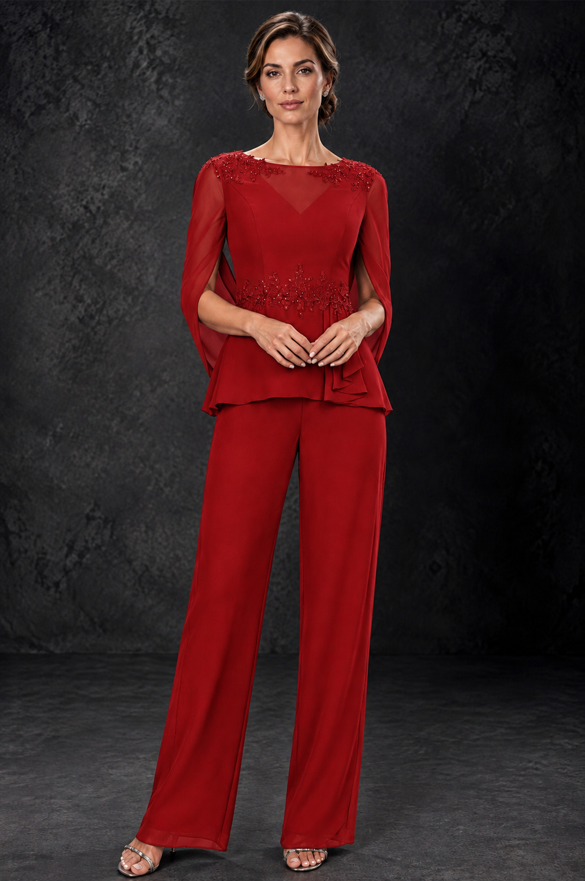 BOLODOO Red Embellished Cape Sleeve Mother of the Bride Pantsuit - Red - Red_1
