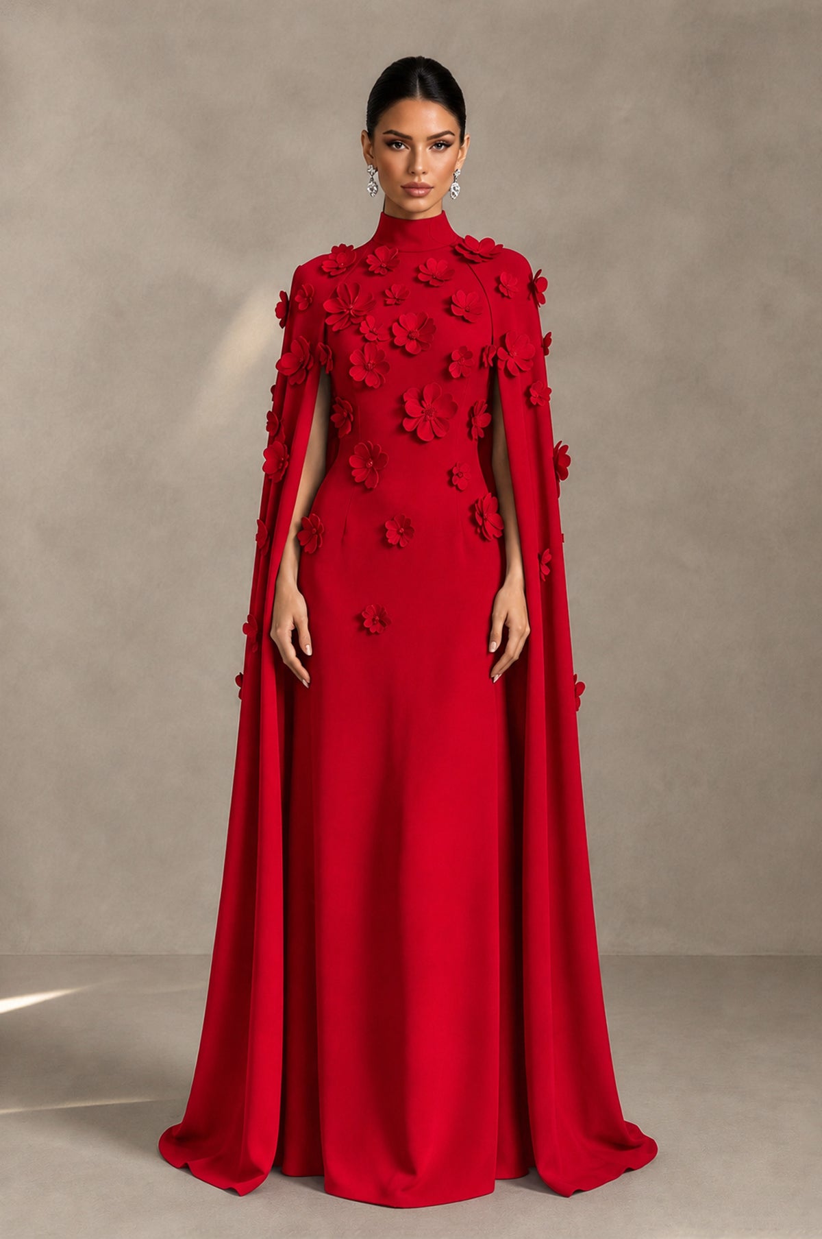 BOLODOO Red 3D Floral Applique Cape Formal Dress - Red - Red_1