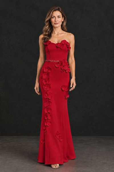 BOLODOO Red Strapless Mother of the Bride Dress with 3D Floral Appliques - Red - Red_1