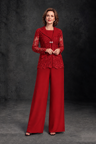Red Lace Mother of the Bride Groom Pant Suit Wide-Leg Formal Dress - Red - Red_1