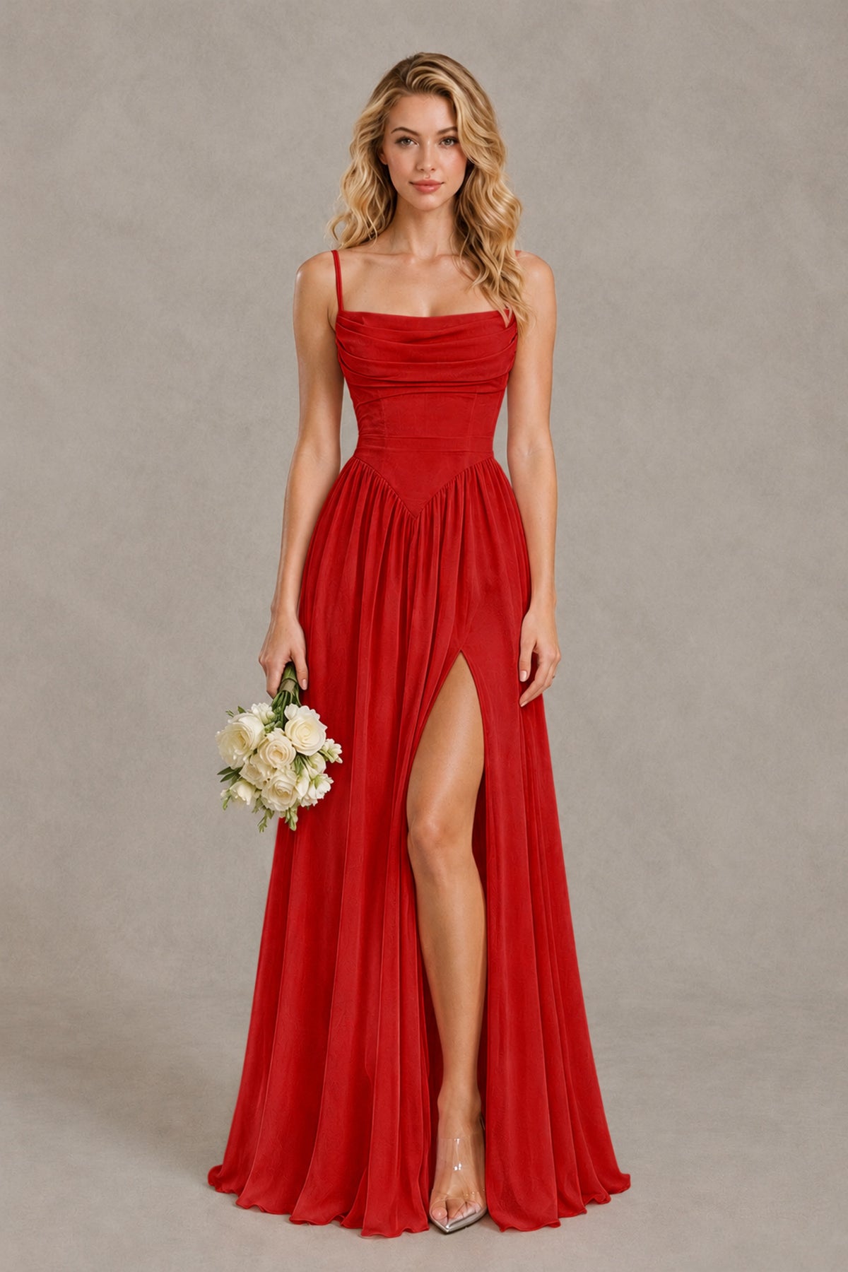 BOLODOO Red Spaghetti Strap A-Line Bridesmaid Dress with Slit - Red - Red_1