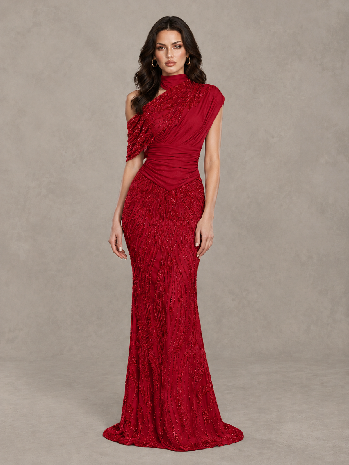 BOLODOO Red High Neck Draped Sequin Mermaid Evening Gown - Red - Red_1