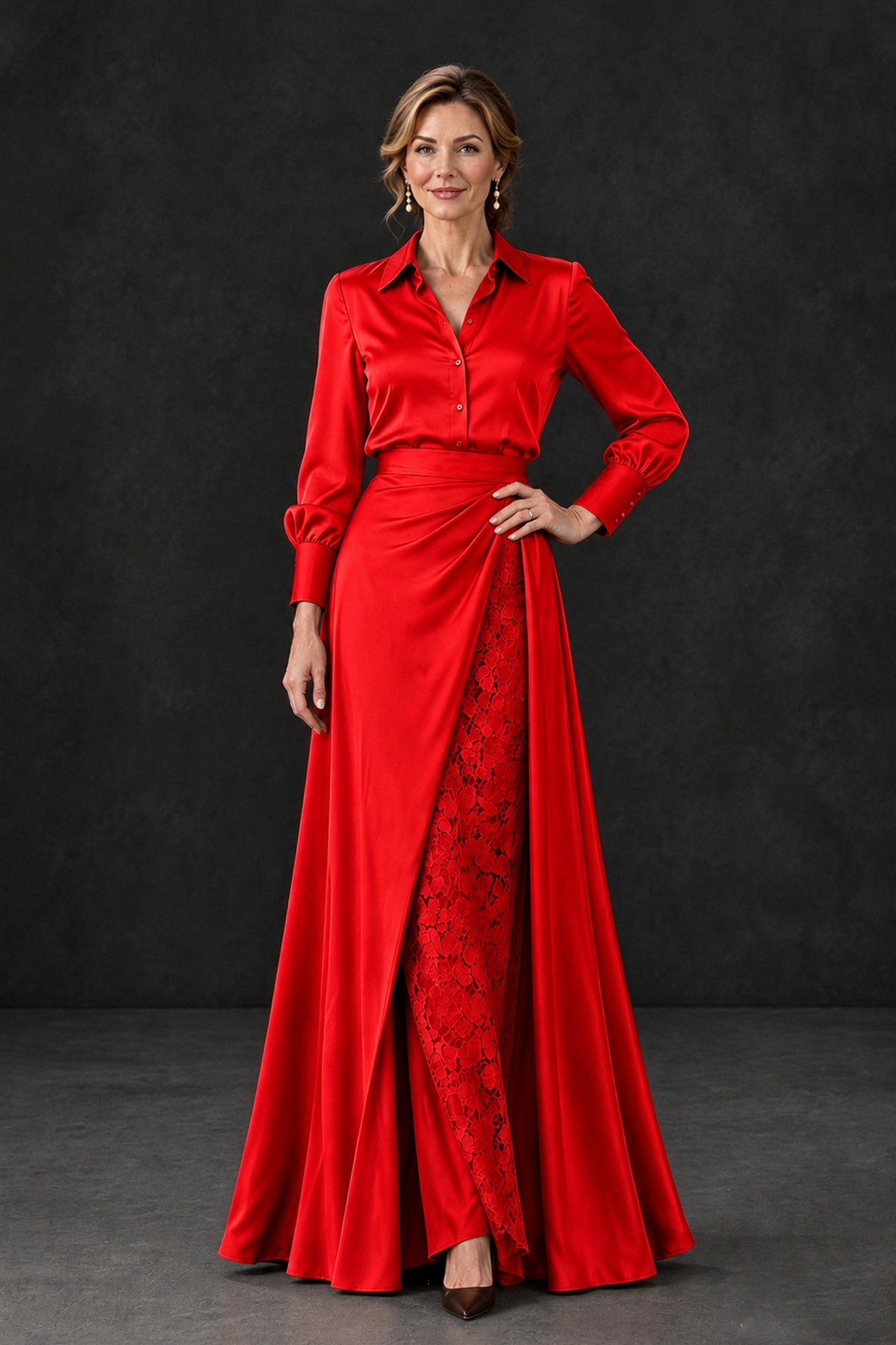 BOLODOO Red Long Sleeve Satin-Look Lace Panel Gown - Red - Red_1