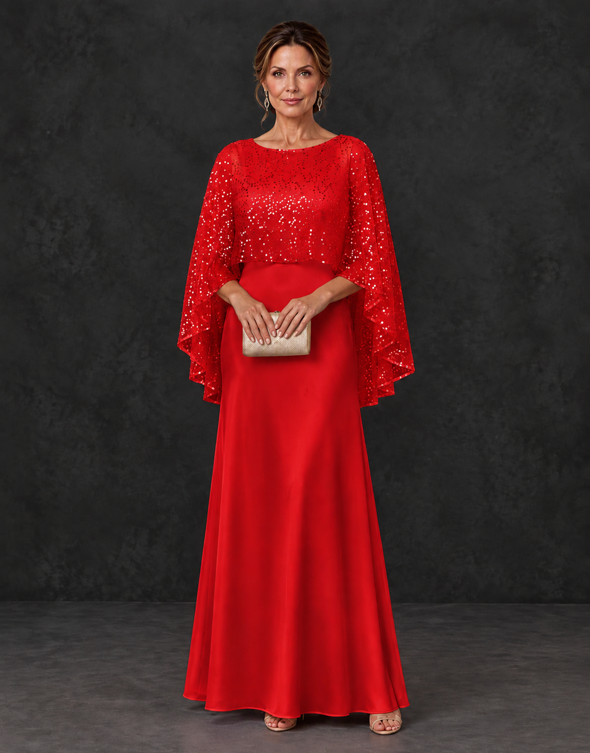 BOLODOO Red Sparkle Cape Sleeve Mother of the Bride Dress - Red - Red_1