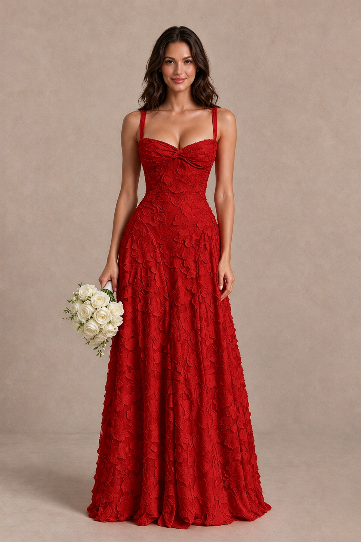 BOLODOO Red Floral-Textured A-Line Dress with Lace-Up Back - Red - Red_1
