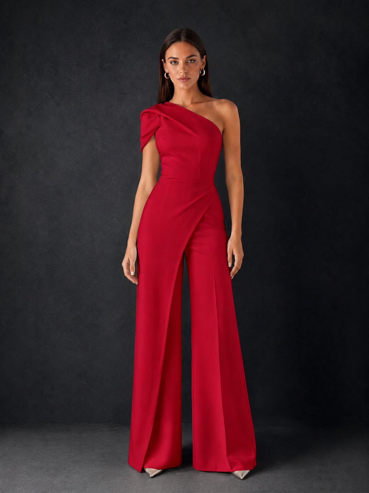 BOLODOO Red One-Shoulder Puff Sleeve Wide-Leg Jumpsuit with Front Slit and Open Back - Red