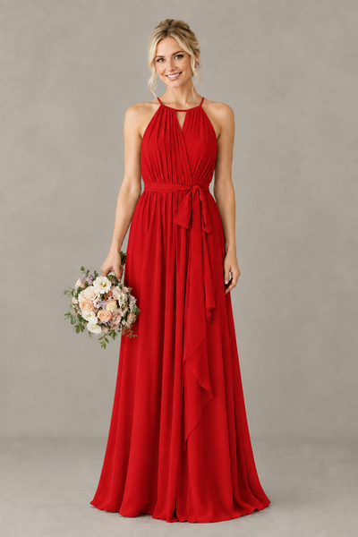 BOLODOO Red Halter Chiffon Bridesmaid Dress with High Slit - Red