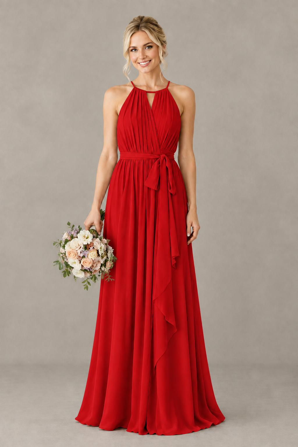 BOLODOO Red Halter Chiffon Bridesmaid Dress with High Slit - Red