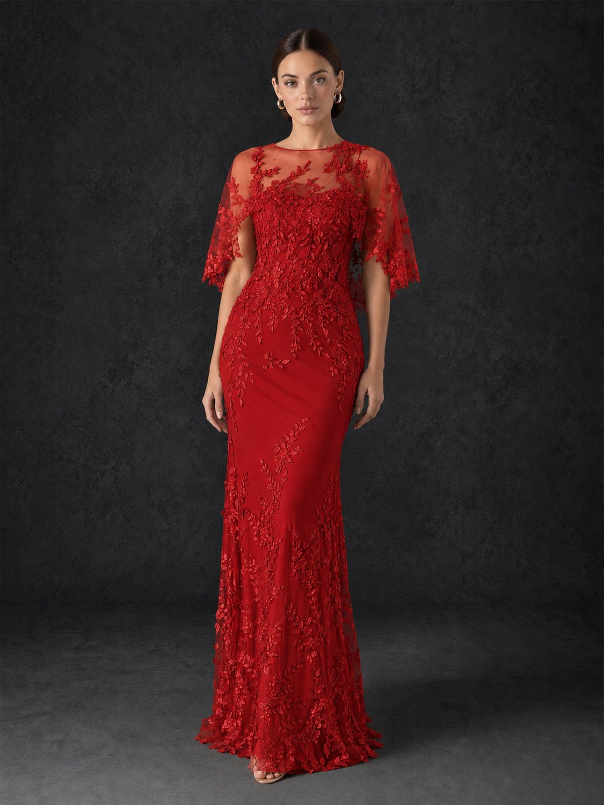 BOLODOO Mocha Red Botanical Lace Flutter Sleeve Mermaid Gown - Red