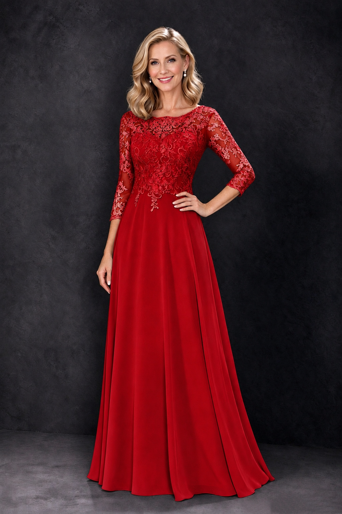 BOLODOO Red Lace Embroidered Mother of the Bride Dress with 3/4 Sleeves - Red - Red_1