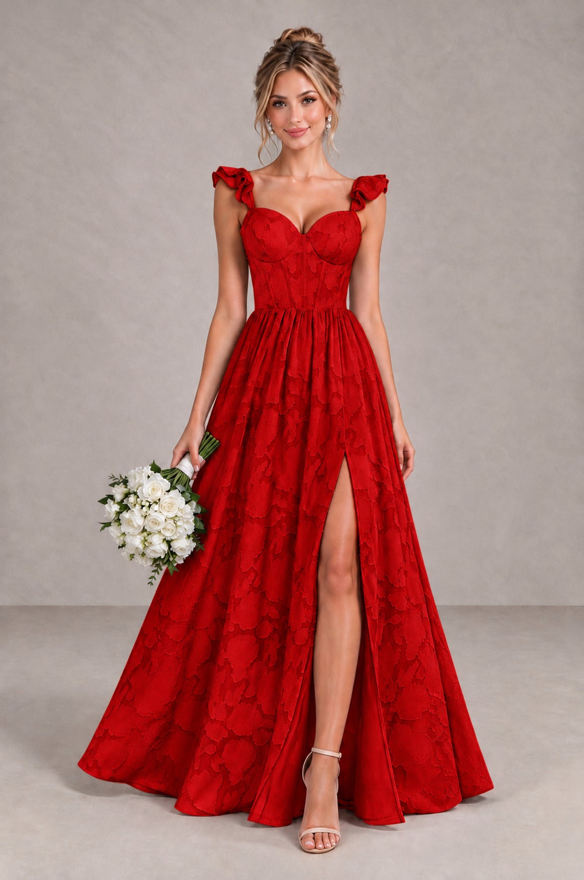 BOLODOO Red Floral A-Line Bridesmaid Dress with Slit Ruffle Straps Maxi Gown - Red - Red_1