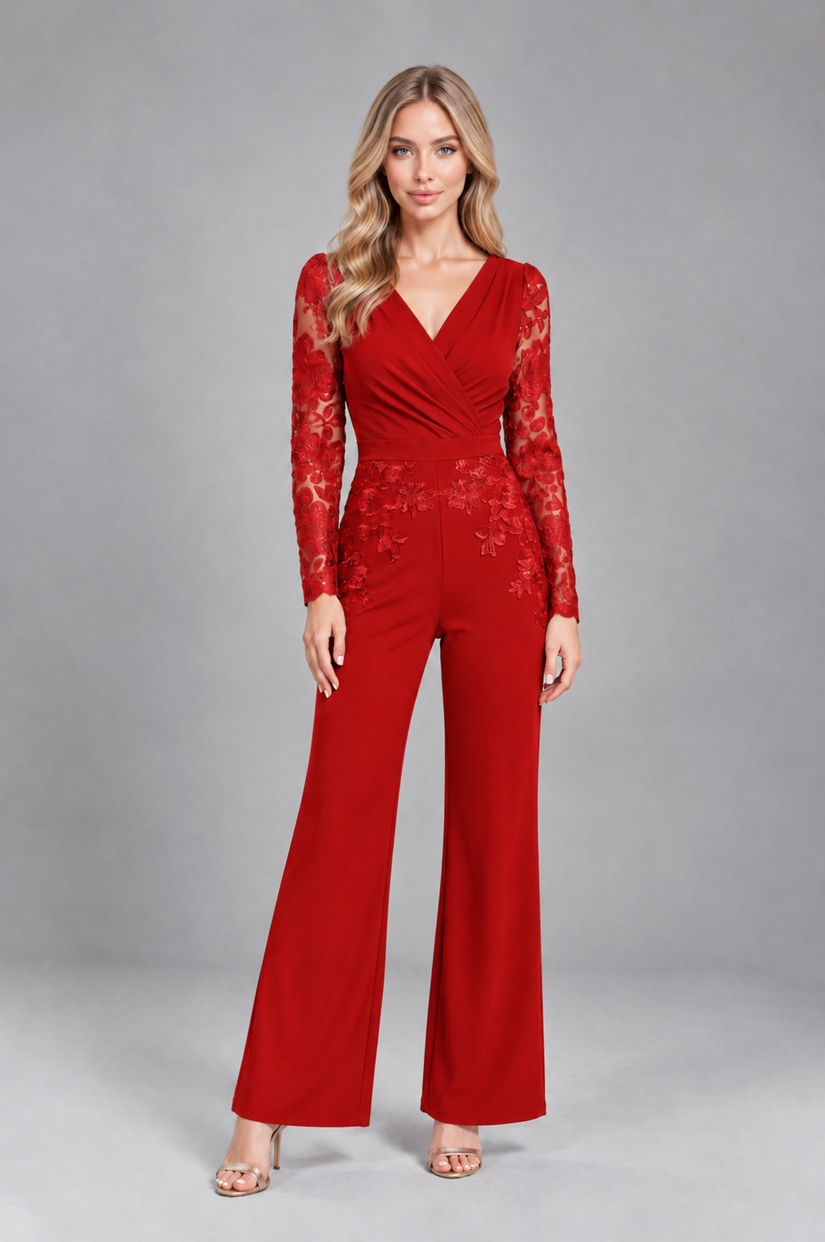 BOLODOO Red Lace Long-Sleeve V-Neck Mother Pant Suit - Red - Red_1