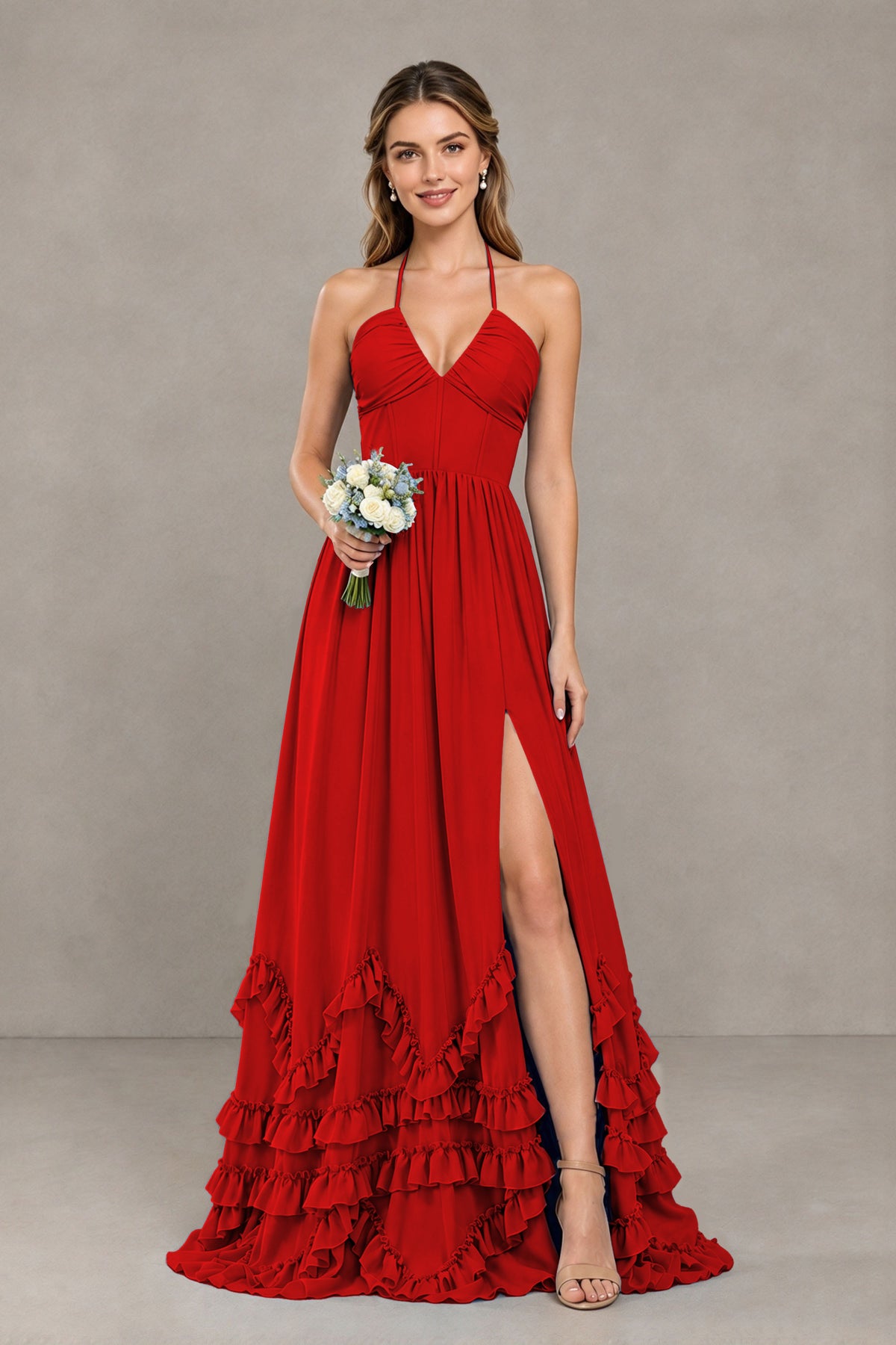 BOLODOO Red Halter Ruffle Hem A-Line Bridesmaid Dress with High Slit - Red - Red(1)