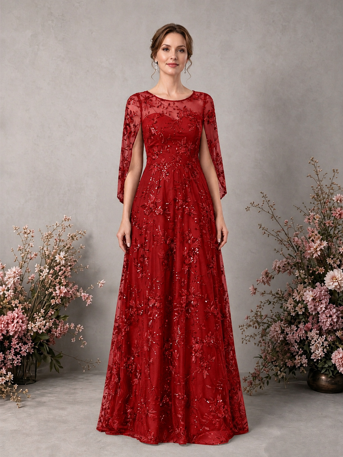 BOLODOO Red Sequin Lace Cape Sleeve Formal Evening Gown - Red - Red_1