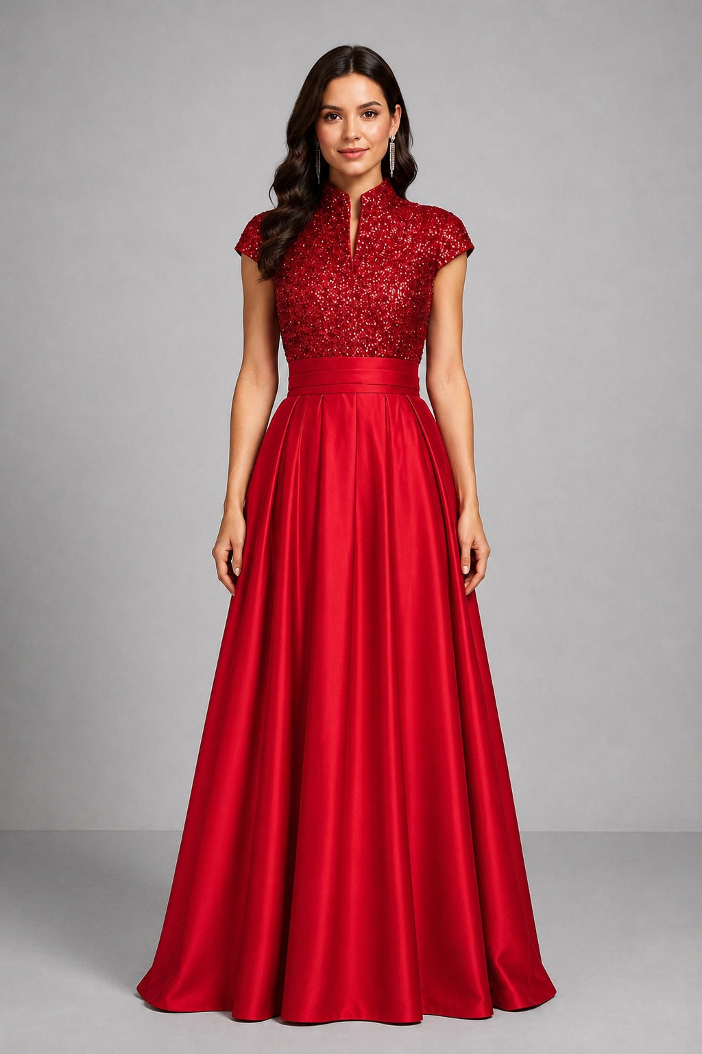 BOLODOO Red Sequin Embroidered High Neck Cap Sleeve A-Line Ball Gown – Formal Evening Dress - Red