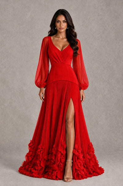 BOLODOO Red V-Neck Long Sleeve Pleated Floral Hem Evening Dress - Red - Red_1