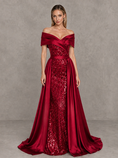 BOLODOO Red Sequin Mermaid Evening Dress with Detachable Satin Overskirt and Sweep Train - Red - Red_1