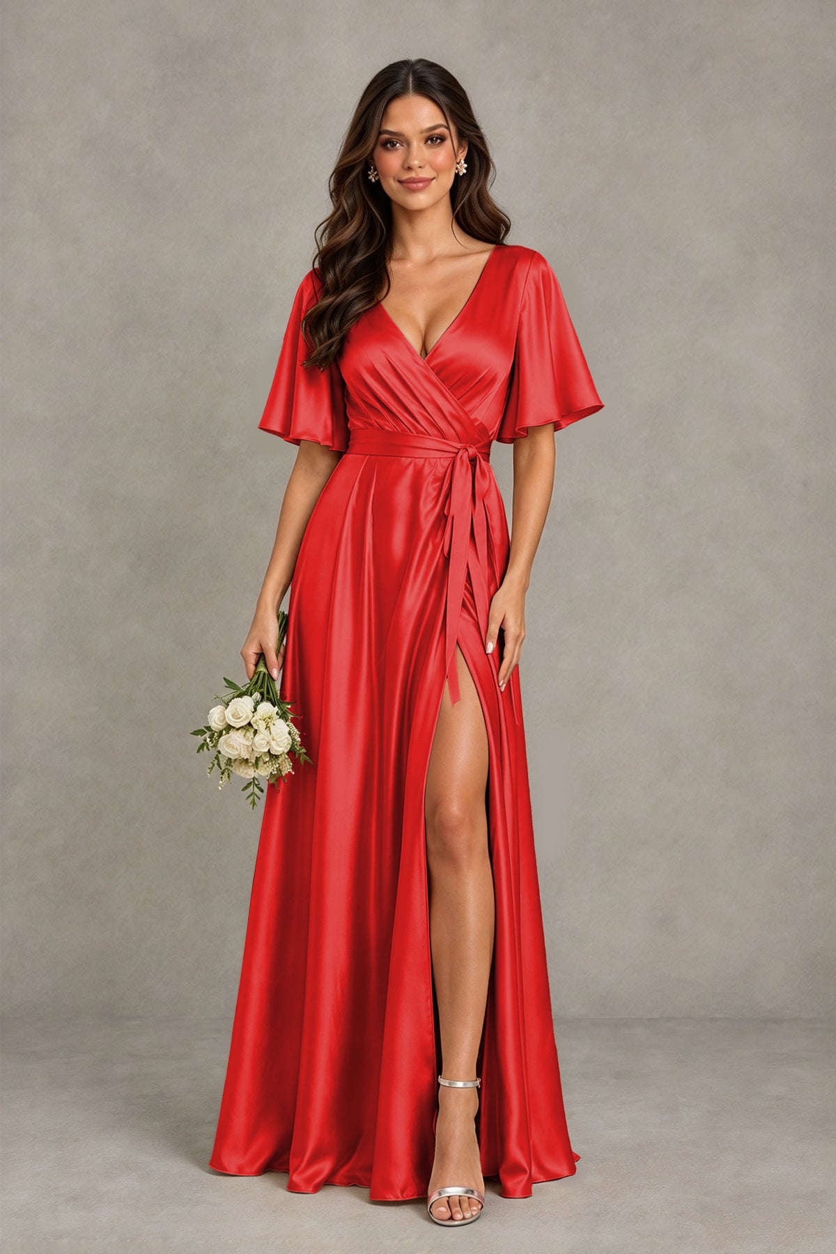 BOLODOO Red Satin V-Neck Flutter Sleeve Bridesmaid Dress with Slit - Red - Red(1)