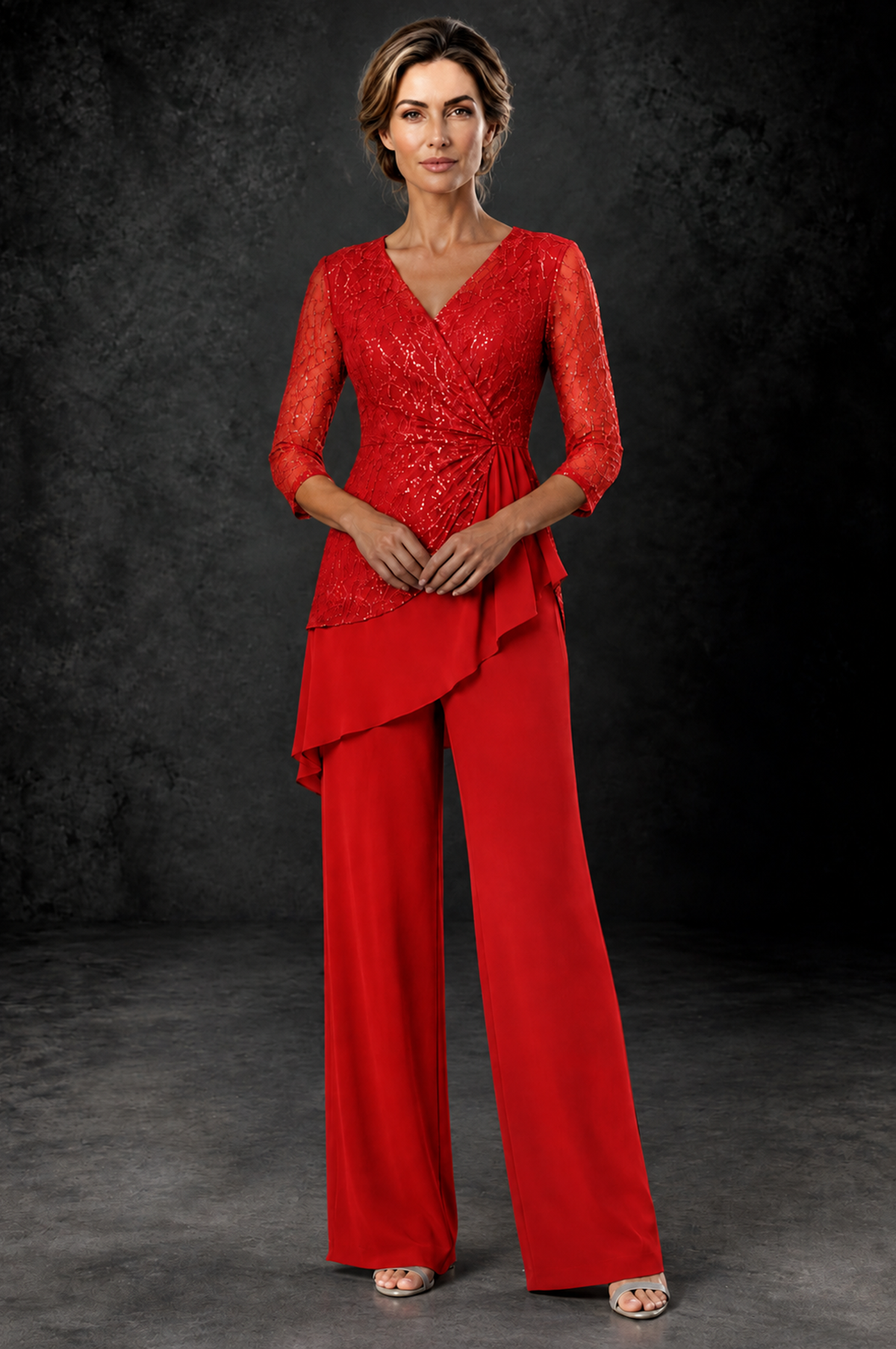 BOLODOO Red Sequin Lace 3/4 Sleeve Chiffon Mother of the Bride Pant Suit - Red - Red_1
