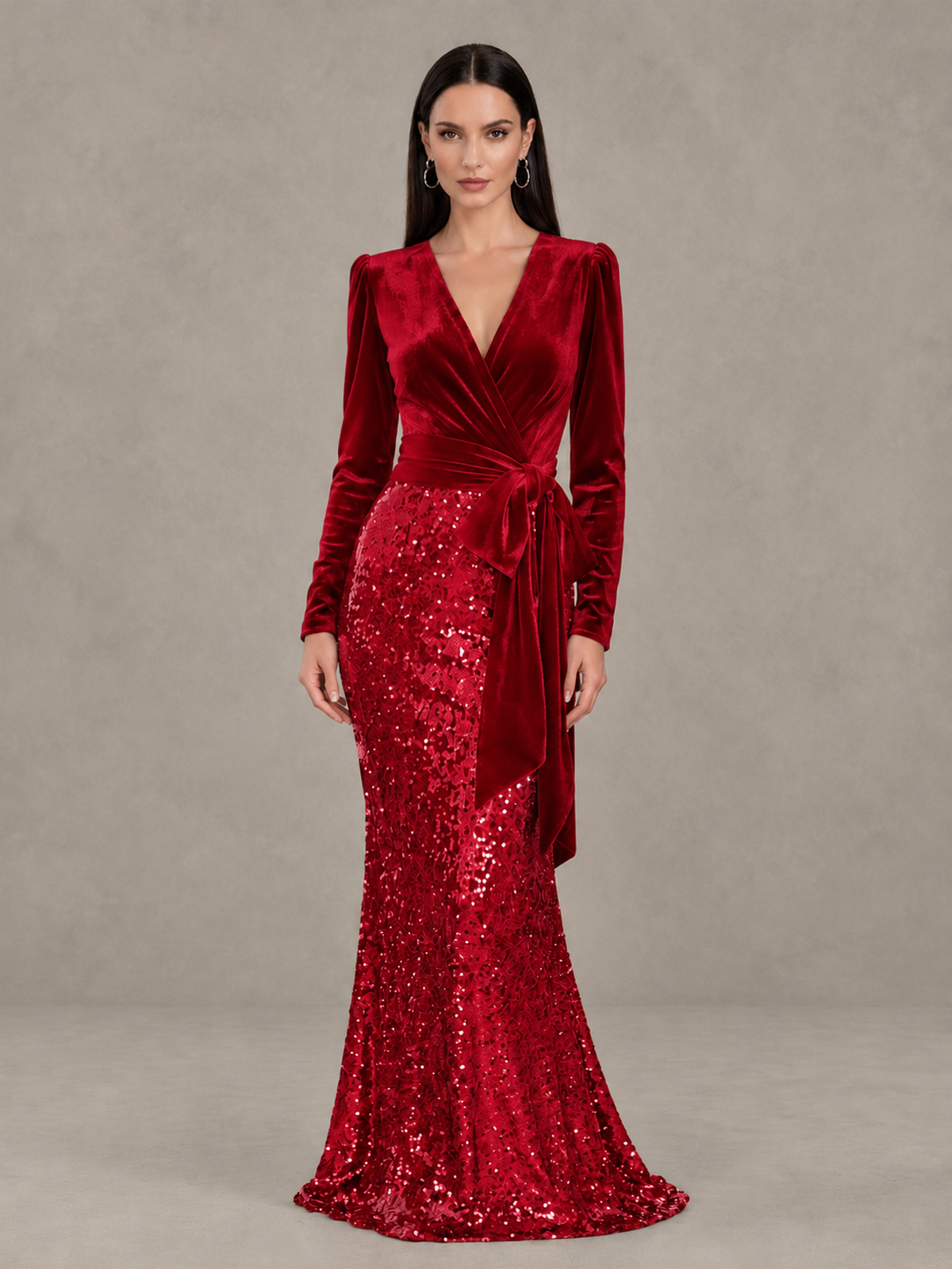BOLODOO Red Velvet & Sequin Long Sleeve V-Neck Mermaid Evening Gown - Red - Red_1