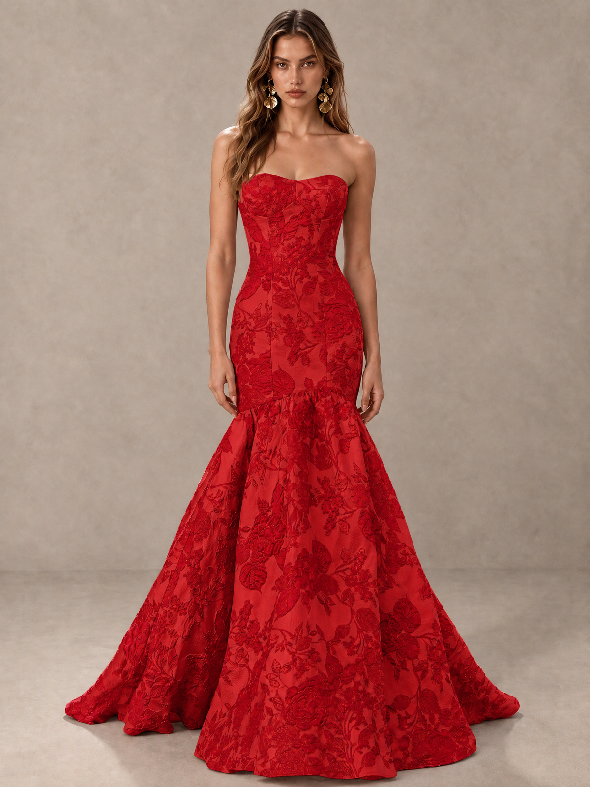 BOLODOO Red Floral Strapless Mermaid Prom Dress with Train - Red - Red_1