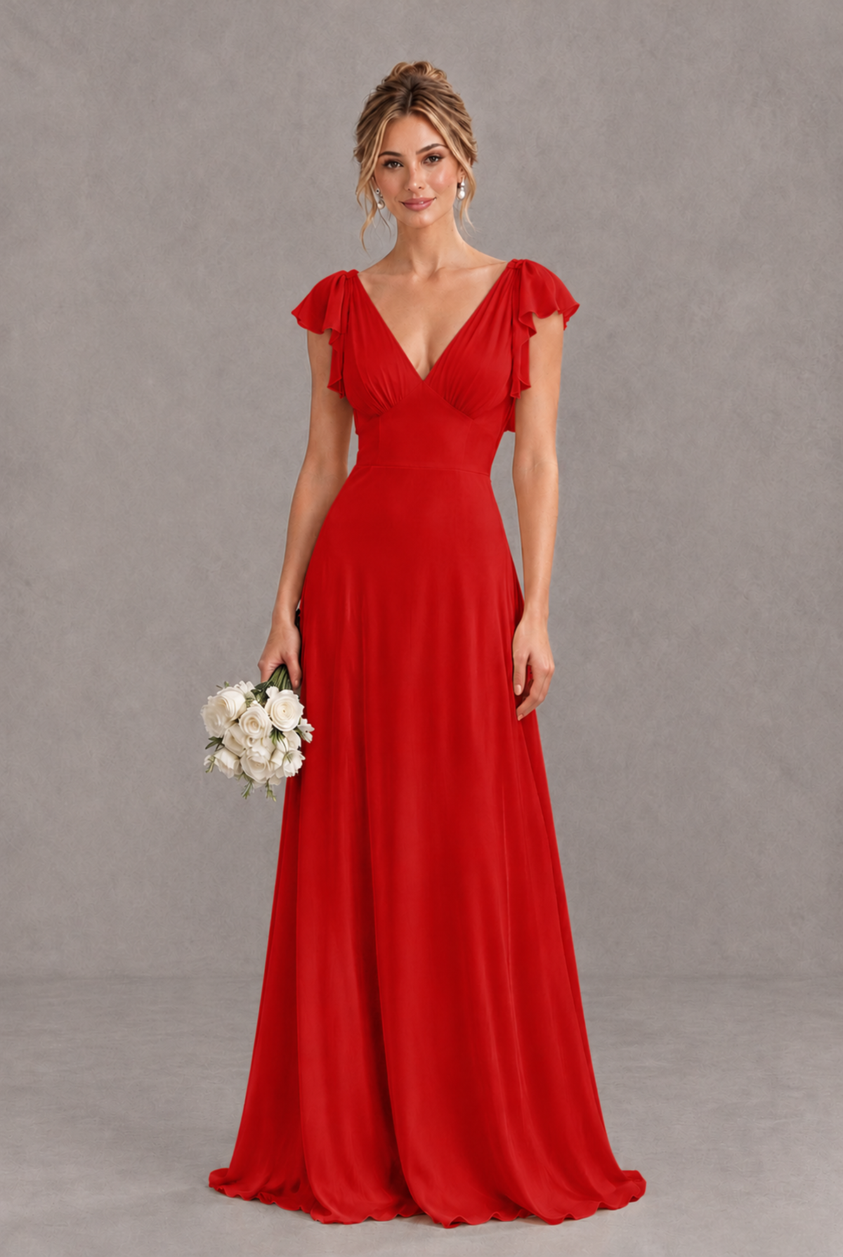 BOLODOO Red V-Neck Flutter Sleeve A-Line Bridesmaid Dress - Red - Red_1