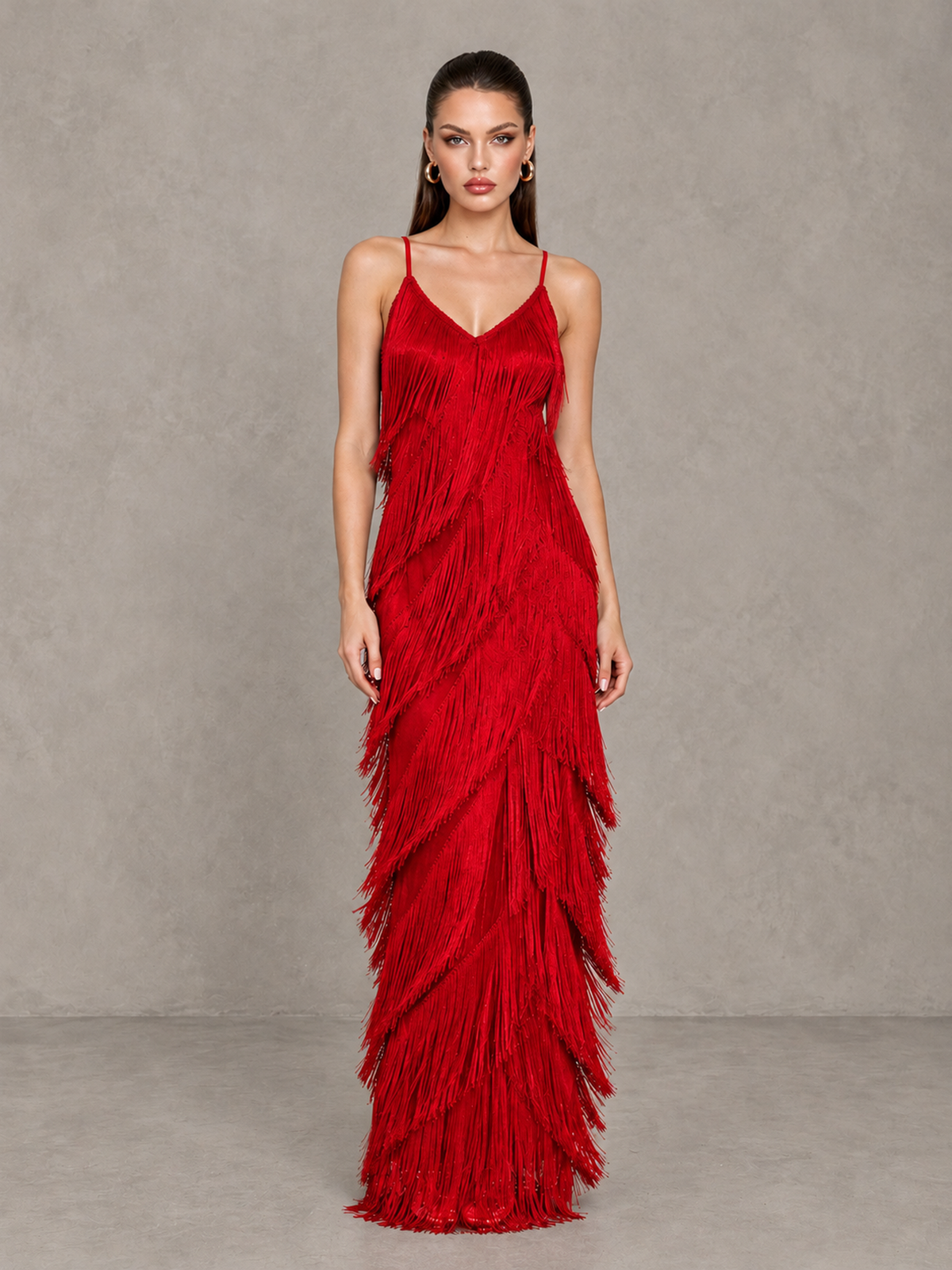 BOLODOO Red V-Neck Spaghetti Strap Fringe Maxi Evening Dress - Red - Red_1