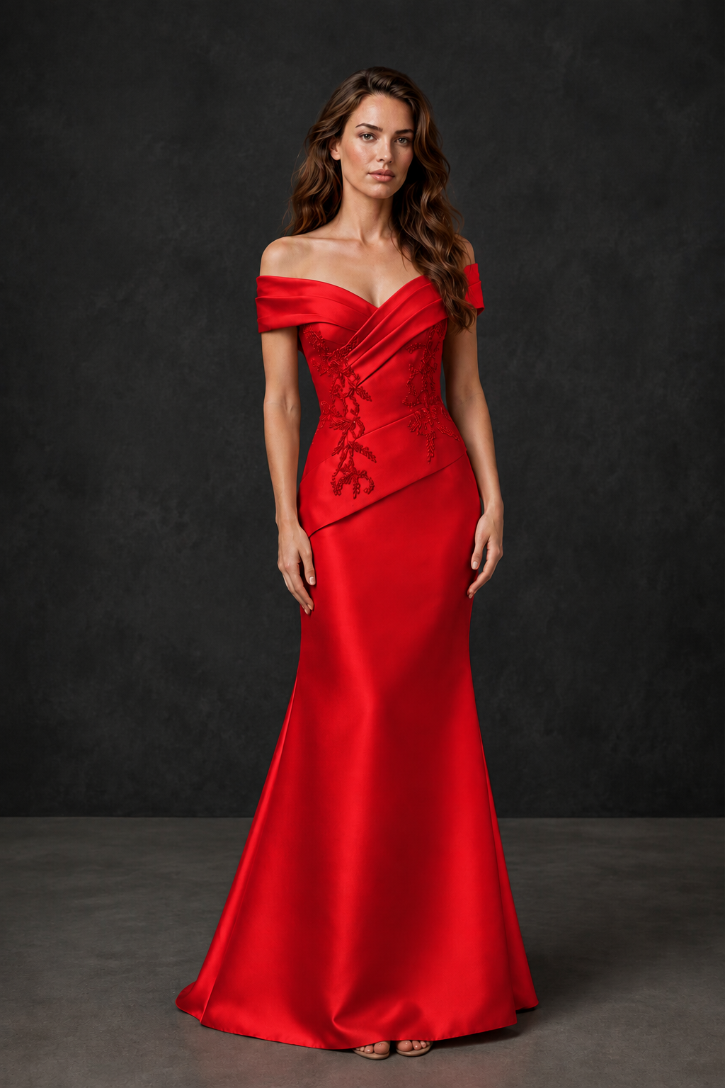 BOLODOO Red Satin Off-Shoulder Sweetheart Asymmetric Peplum Mermaid Gown with Red Floral Embroidery | MOB Evening Dress - Red