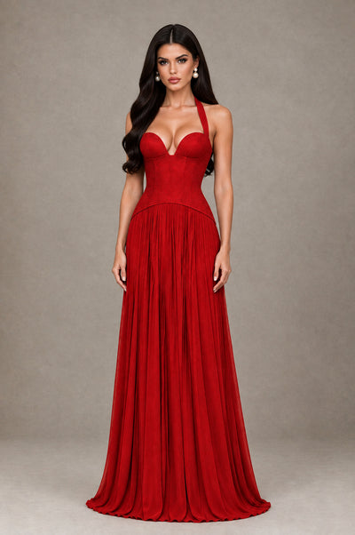BOLODOO Red Halter Corset Pleated A-Line Evening Dress - Red - Red_1