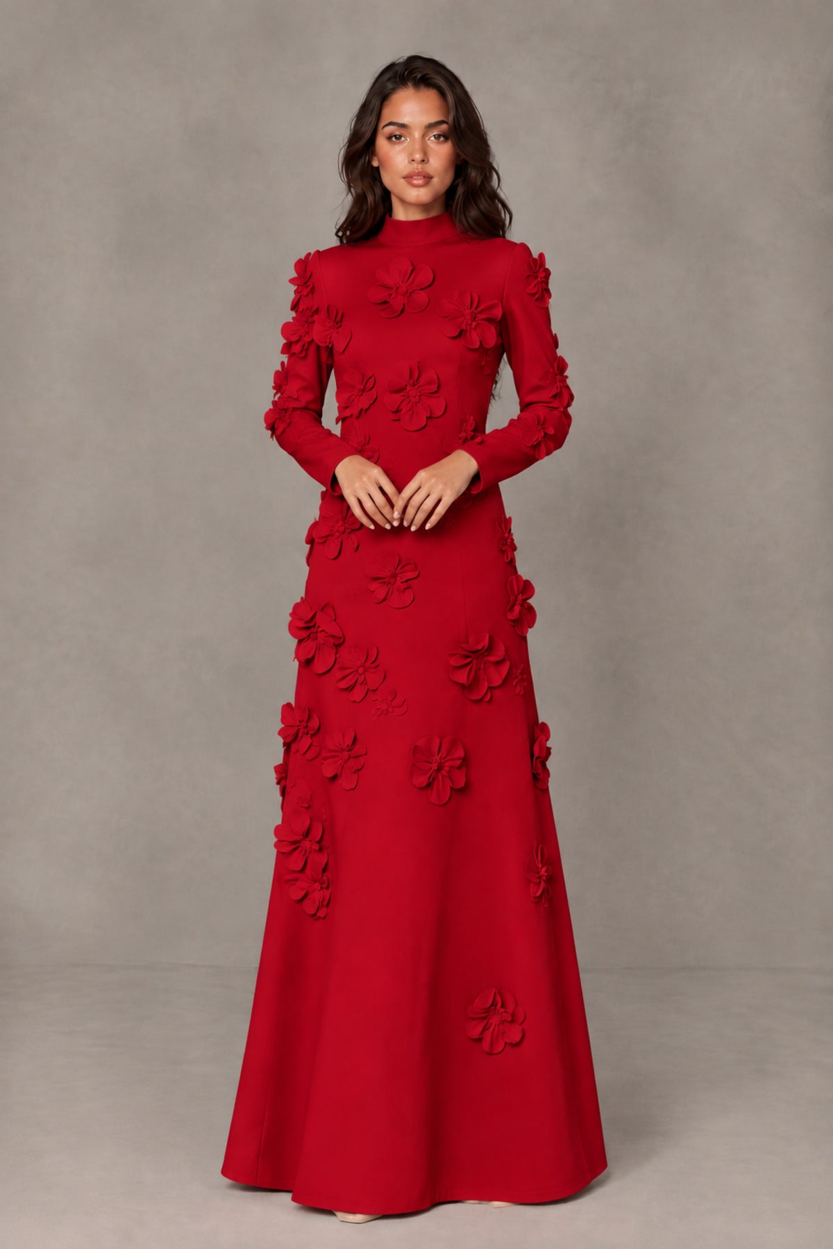 BOLODOO Red High Neck Long Sleeve 3D Floral Evening Gown - Red