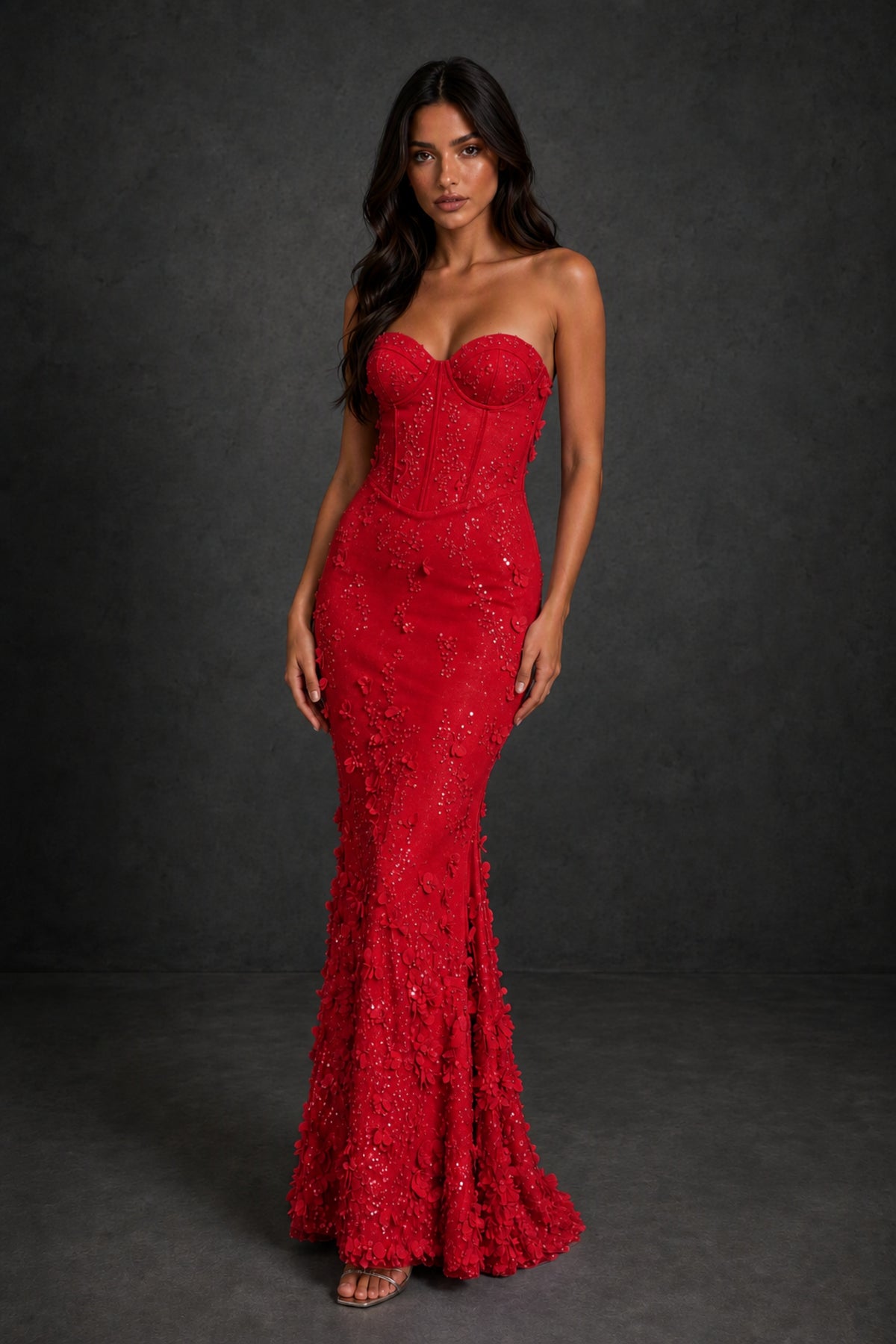 BOLODOO Red 3D Floral Sequin Corset Strapless Mermaid Gown - Red